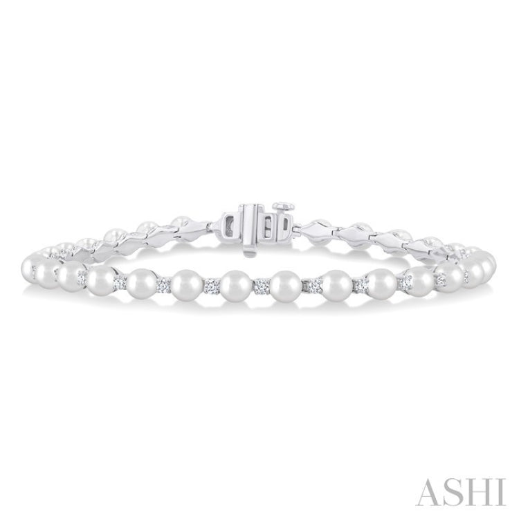 4 MM Round Shape Cultured Pearl and 3/4 Ctw Round Cut Diamond Tennis Bracelet in 14K White Gold