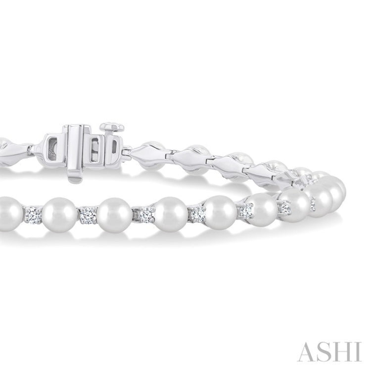 4 MM Round Shape Cultured Pearl and 3/4 Ctw Round Cut Diamond Tennis Bracelet in 14K White Gold