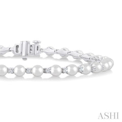 4 MM Round Shape Cultured Pearl and 3/4 Ctw Round Cut Diamond Tennis Bracelet in 14K White Gold