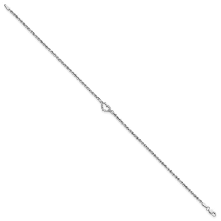14k White Gold Diamond-cut Open Heart and Rope Chain 10 inch Anklet