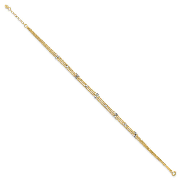 14k Two-tone 3-Strand Chain with Mirror Beads 9 inch Plus 1 inch Extender - Total 10 inch Anklet