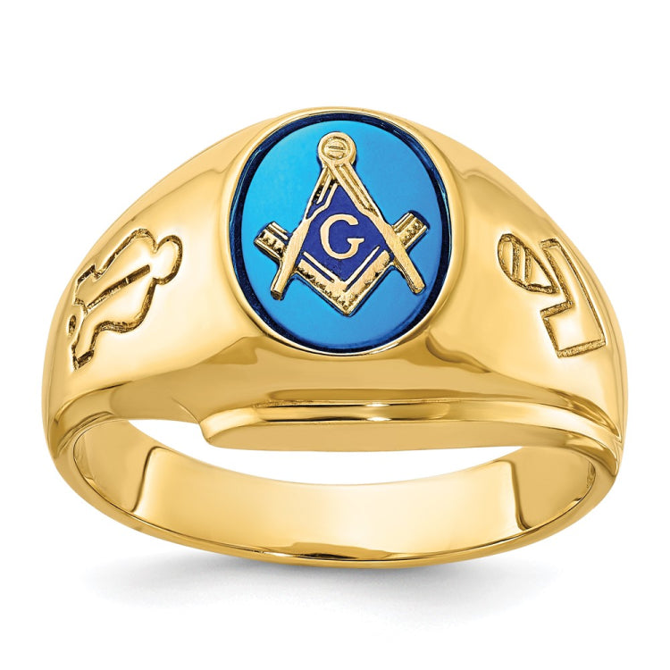 IBGoodman 14k Men's Polished and Grooved with Oval Created Sapphire Blue Lodge Master Masonic Ring