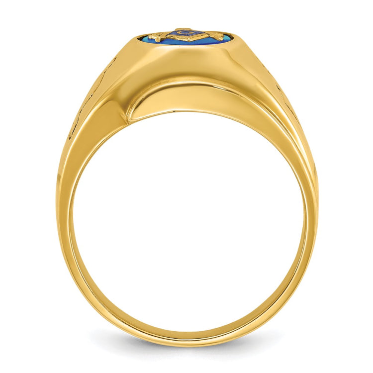 IBGoodman 14k Men's Polished and Grooved with Oval Created Sapphire Blue Lodge Master Masonic Ring