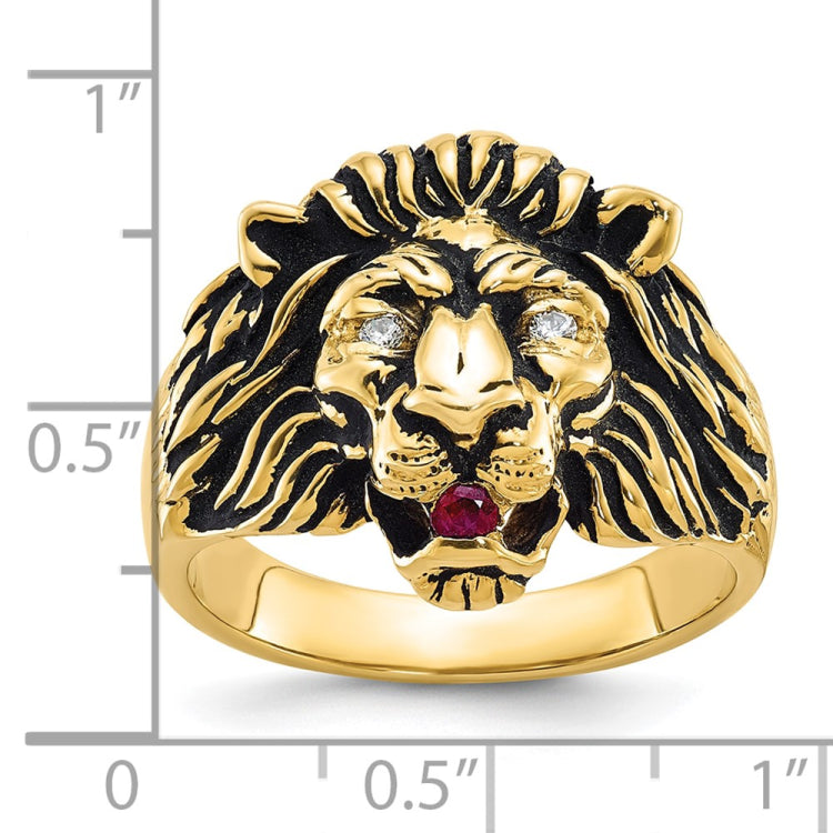 Men's Diamond/Gen Ruby Lion Head Ring with Black Antique Finish Mounting
