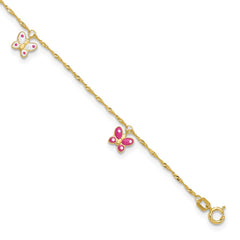 14k Pink and White Enameled Butterfly Dangles 9 inch Plus 1 inch Extender - Total 10 inch Anklet