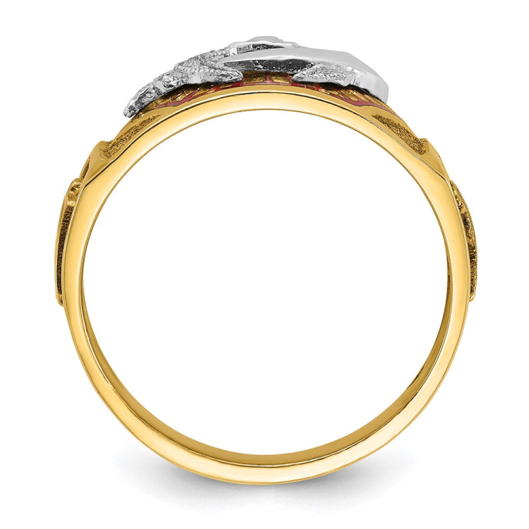 10K Polished with White Rh and Red and Black Enamel Masonic Shrine Men's Ri