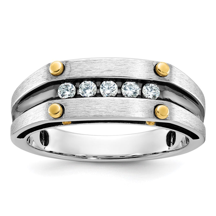 IBGoodman 14k Two-tone with Black Rhodium Men's Polished Satin and Grooved 5-Stone 1/4 Carat A Quality Diamond Ring