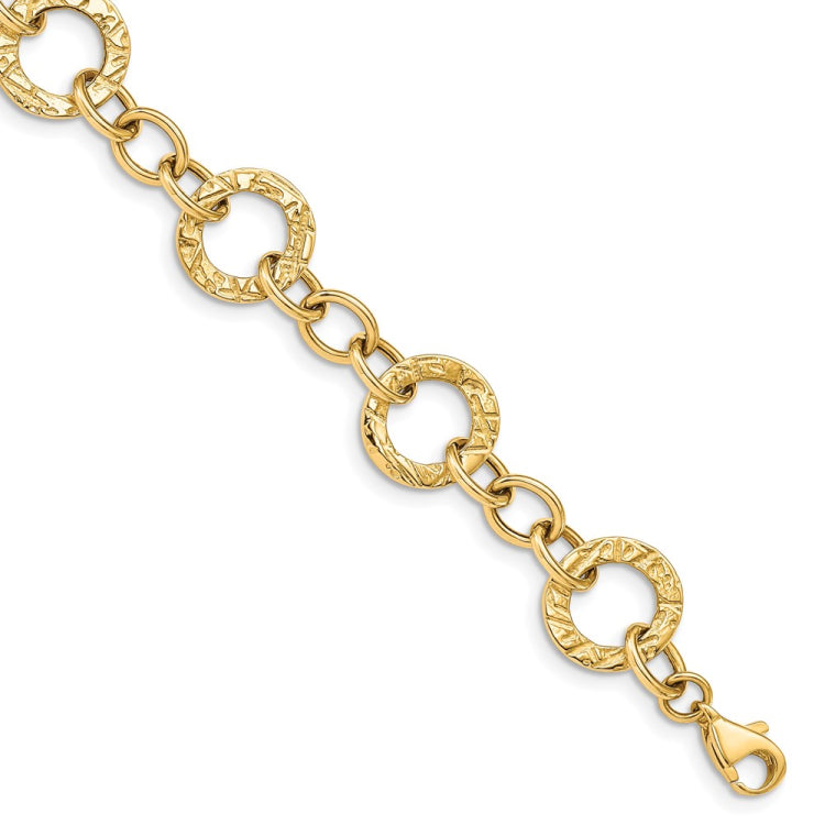 14k Polished and Textured 12mm Fancy Circle Link 7.25 inch Bracelet