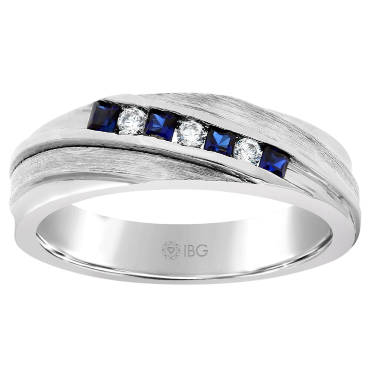 10k White Gold Gents Diamond and Created Blue Sapphire Ring
