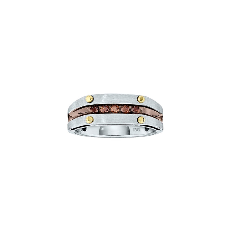 IBGoodman 14k Two-tone with Black Rhodium Men's Polished Satin and Grooved 5-Stone 1/4 Carat Brown Diamond Ring