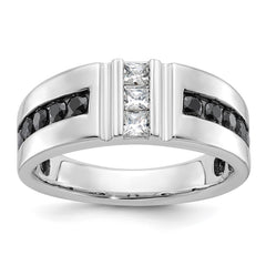 IBGoodman 14k White Gold Men's Polished and Grooved Black and White 1 Carat A Quality Diamond Ring