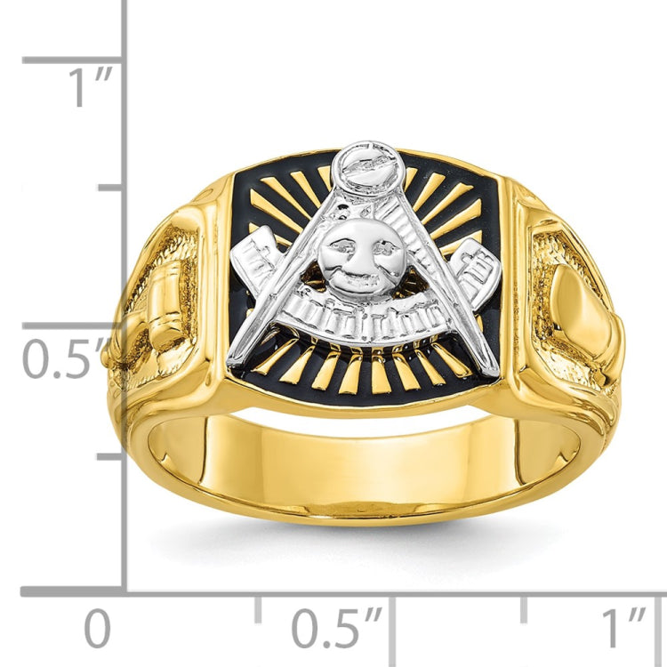 10K Polished with White Rh and Black Enamel Masonic Master Men's Ring