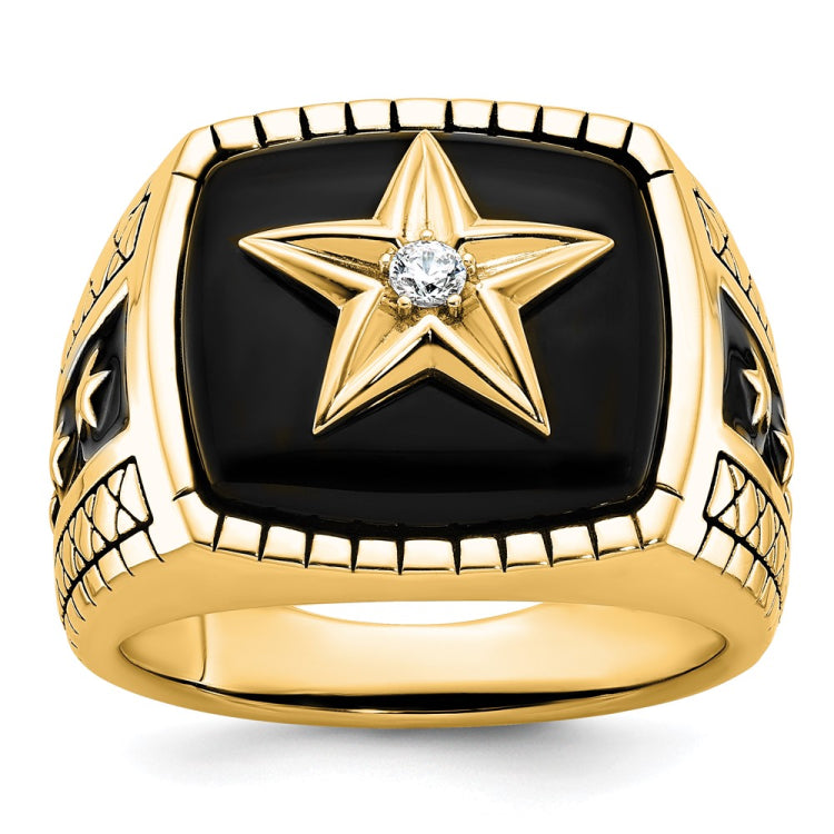 10K Polished and Antiqued Star Onyx and Diamond Men's Ring
