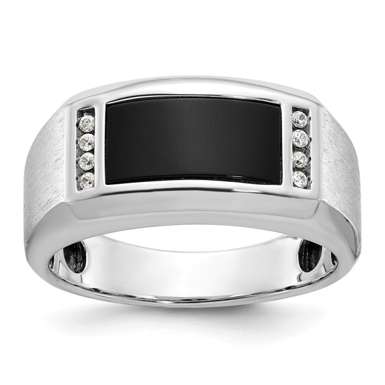 Men's White Gold Onyx and Diamond Ring with Soft Satin Sides Mounting