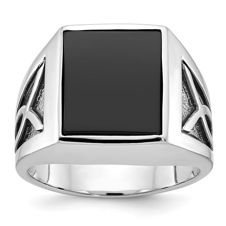 Men's White Gold Onyx Ring with Black Rhodium Recess Detail Mounting