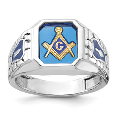 IBGoodman 10k White Gold Men's Polished and Textured with Blue Enamel and Lab Created Sapphire Blue Lodge Master Masonic Ring