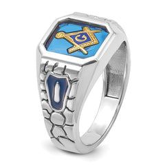 IBGoodman 10k White Gold Men's Polished and Textured with Blue Enamel and Lab Created Sapphire Blue Lodge Master Masonic Ring