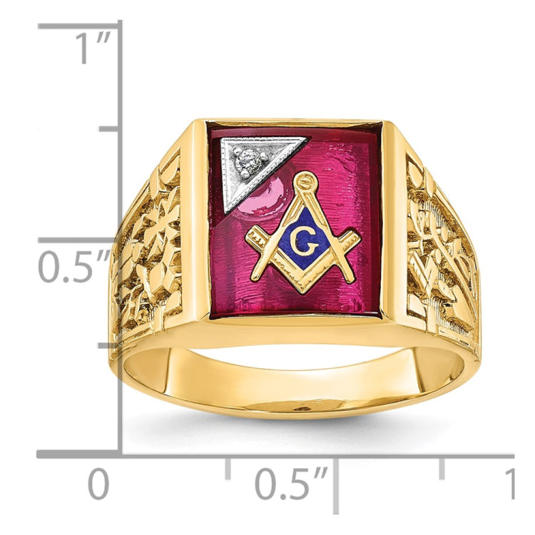 Men's Masonic Lodge Ring with Red Spinel and Diamond Accent Mounting