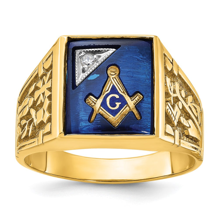 14K with White Gold Inlay Polished Created Sapphire and Diamond Masonic Mas