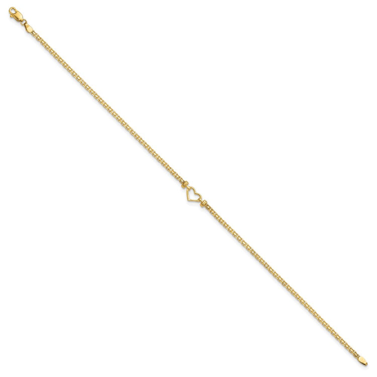 14k Polished Open Heart and Bismark Chain 10 inch Anklet