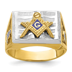 10K Polished and Textured with White Rhodium Blue Enamel Masonic Master Men