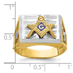 10K Polished and Textured with White Rhodium Blue Enamel Masonic Master Men