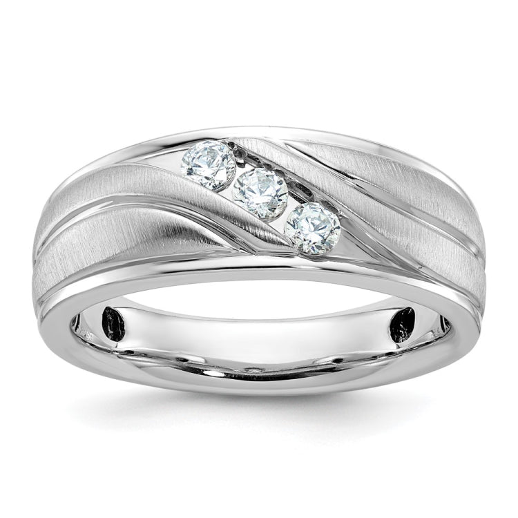 IBGoodman 14k Men's Polished Satin and Grooved 3-Stone 1/3 Carat AA Quality Diamond Ring
