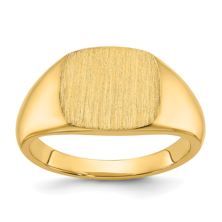 10ky 12mm x 12mm cushion face signet ring.
