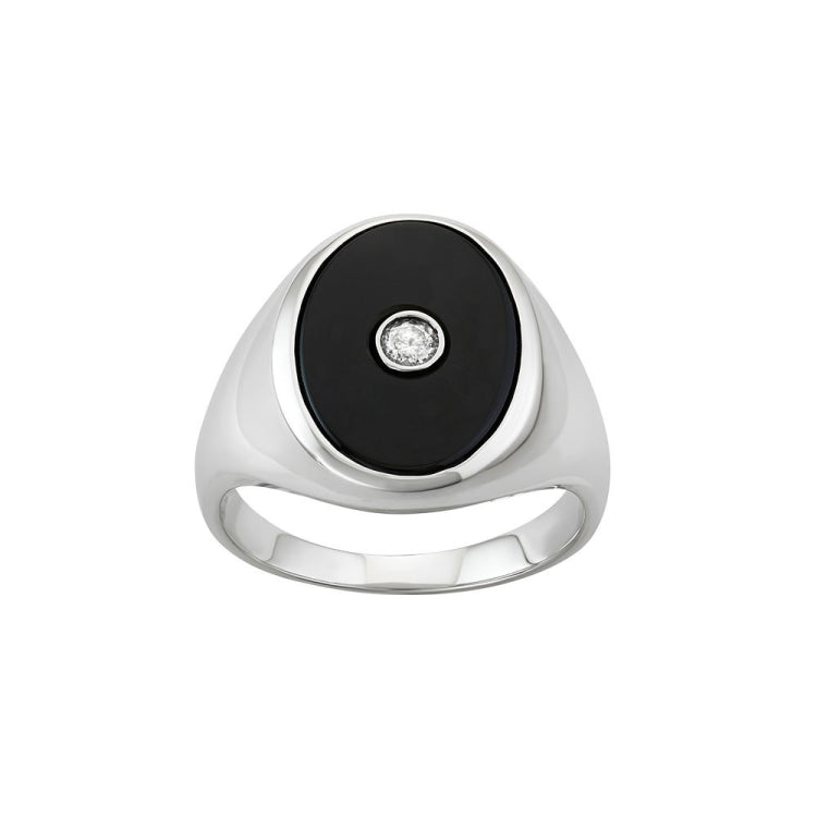 10k Men's Yellow Gold Diamond Solitaire and Oval Onyx Ring 1/10ct