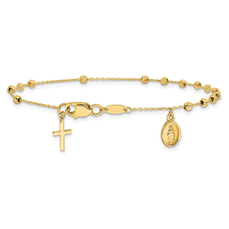 14K Polished and Diamond-cut Miraculous Medal and Cross 7.5 inch Rosary Bracelet