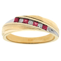 Men's 14K Yellow Gold .09ct tw Diamond & Lab Created Ruby Wedding Band