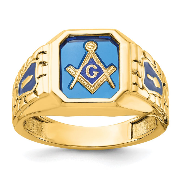 IBGoodman 14k Men's Polished and Textured with Blue Enamel and Lab Created Sapphire Blue Lodge Master Masonic Ring