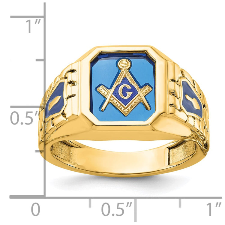 IBGoodman 14k Men's Polished and Textured with Blue Enamel and Lab Created Sapphire Blue Lodge Master Masonic Ring