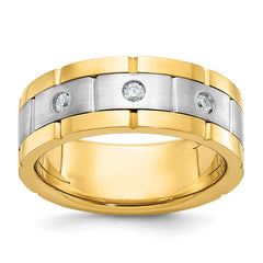 IBGoodman 14k Men's Polished Satin and Grooved 3-Stone 1/6 Carat BB Quality Diamond Ring