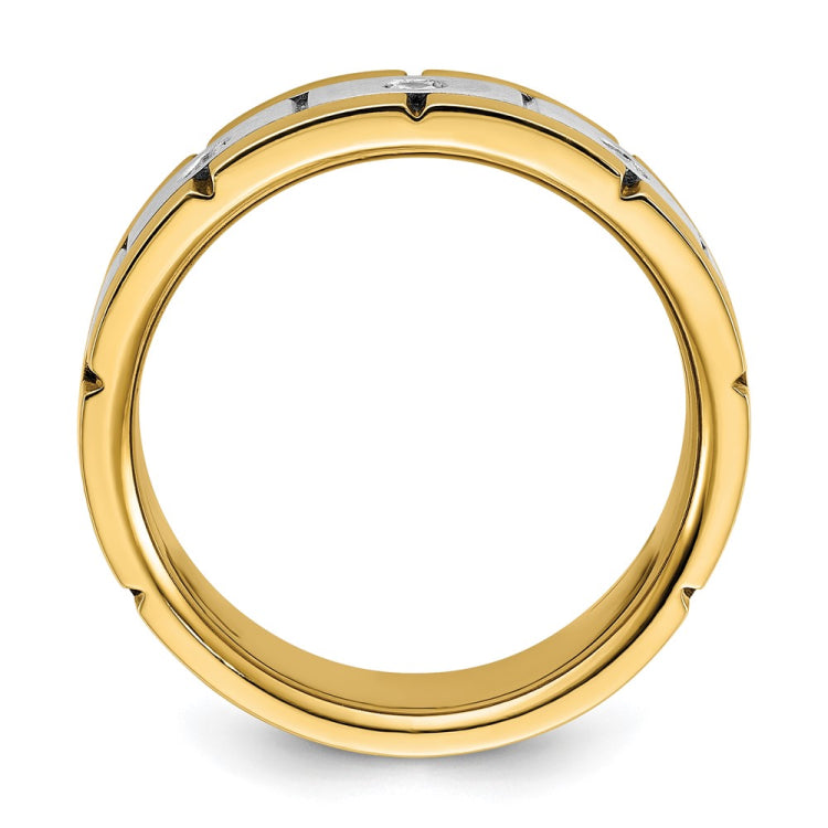 IBGoodman 14k Men's Polished Satin and Grooved 3-Stone 1/6 Carat BB Quality Diamond Ring
