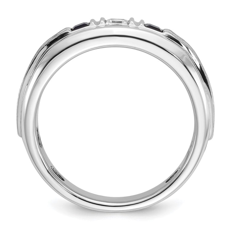 IBGoodman 14k White Gold Men's Polished Satin and Grooved Square 1/6 Carat Lab Grown Diamond and Lab Created Sapphire 3-Stone Complete Ring