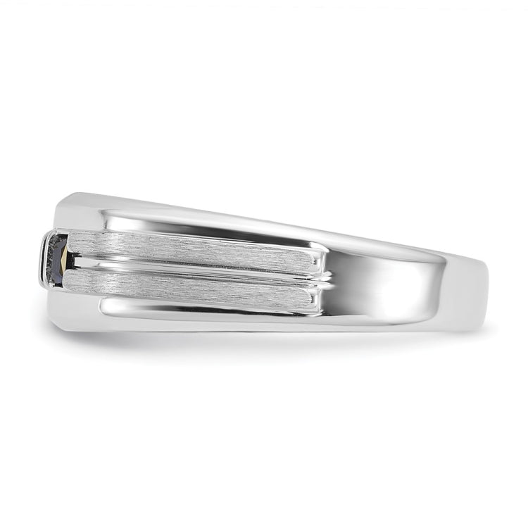 IBGoodman 14k White Gold Men's Polished Satin and Grooved Square 1/6 Carat Lab Grown Diamond and Lab Created Sapphire 3-Stone Complete Ring