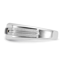 IBGoodman 14k White Gold Men's Polished Satin and Grooved Square 1/6 Carat Lab Grown Diamond and Lab Created Sapphire 3-Stone Complete Ring