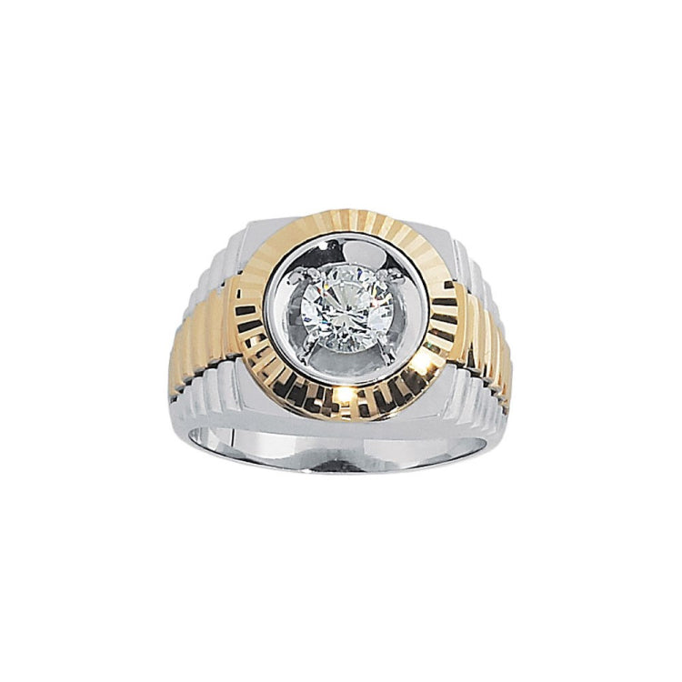 Men's TT Solitaire Lab Grown Diamond Ring (White Shank, Yellow Panels / Bezel)