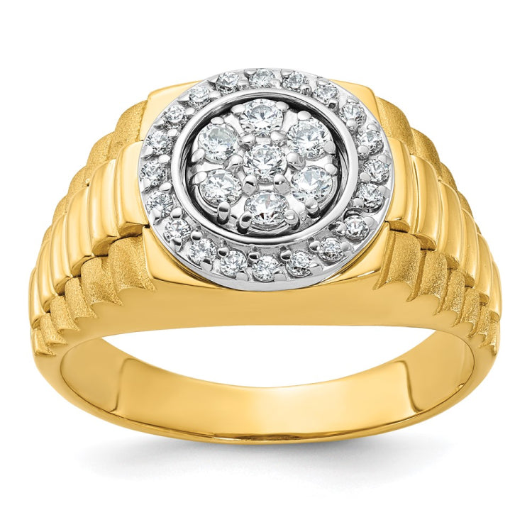 IBGoodman 14k Two-tone Men's Polished Satin and Ribbed Round 1/2 Carat BB Quality Diamond Cluster Ring