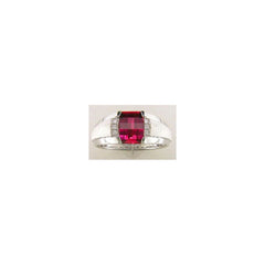 Men's White Gold Created Ruby and Diamond Accent Ring with Satin Finish