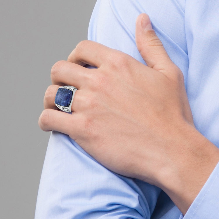 Men's White Gold Sodalite Ring with Black Oxidized Finish Mounting