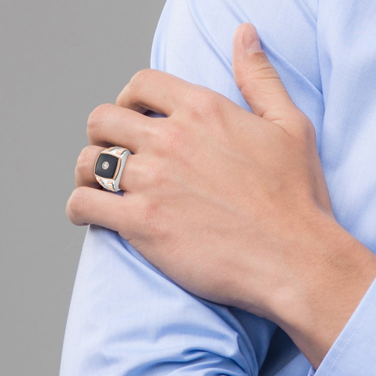 Men's Two-tone .10ct Diamond and Onyx Ring with All Bright Finish