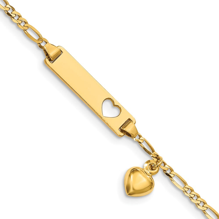 14k Polished Solid Chain/Solid Plate Cut-out Heart with Heart Dangle Figaro Link 21x5mm Plate 6 inch Baby/Child ID Bracelet