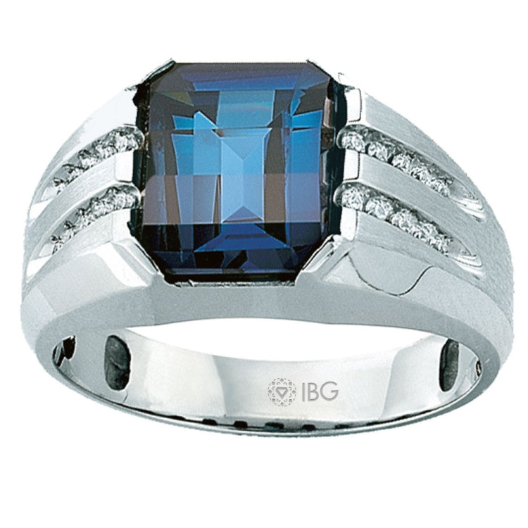 14k IBGoodman Men's White Gold Created Sapphire & 1/5ct tw Lab Grown VS/SI+