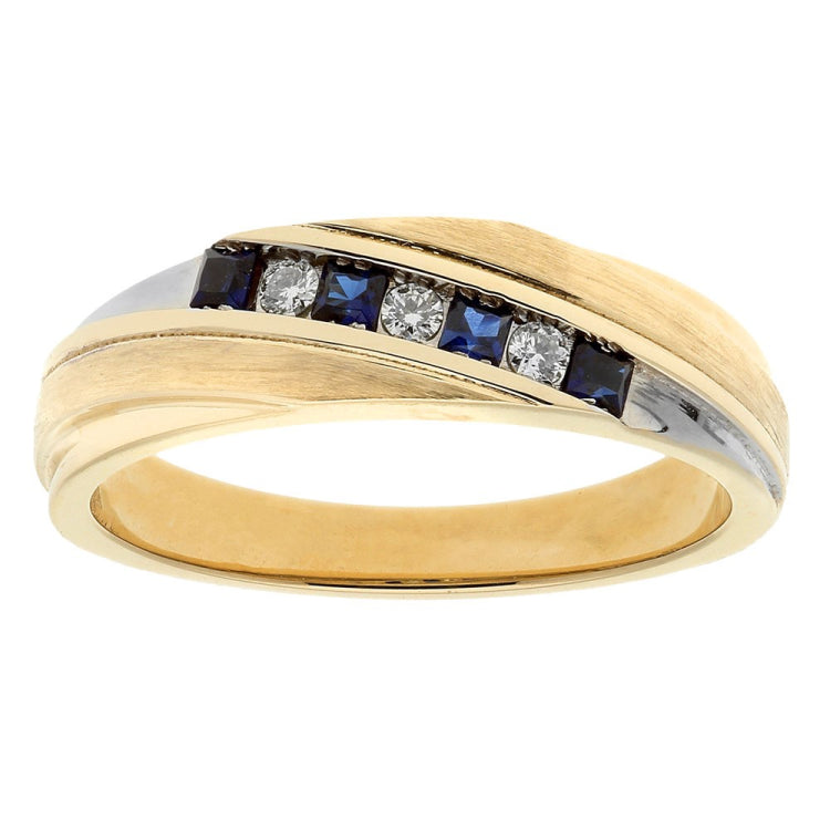 Men's 14K Yellow Gold .09ct tw Diamond & Lab Created Sapphire Wedding Band