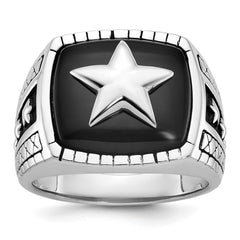 Men's White Gold Onyx Ring with STAR Emblems and Black Antiquing Mounting