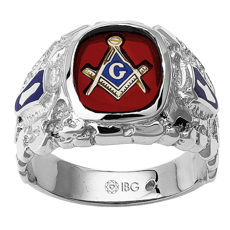 Master Mason silver ring with red masonic stone