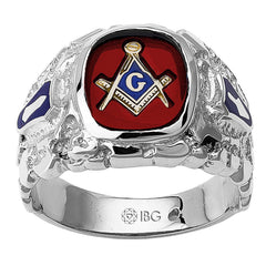 Master Mason silver ring with red masonic stone