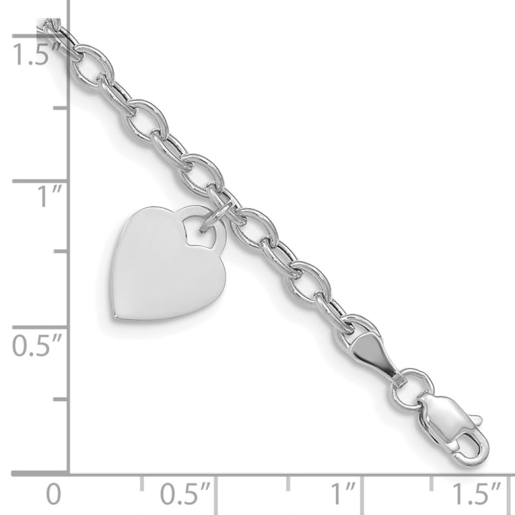 14k White Gold Engravable 14x10mm Solid Dangle Heart Charm and Hollow Chain 8.5 inch Bracelet
